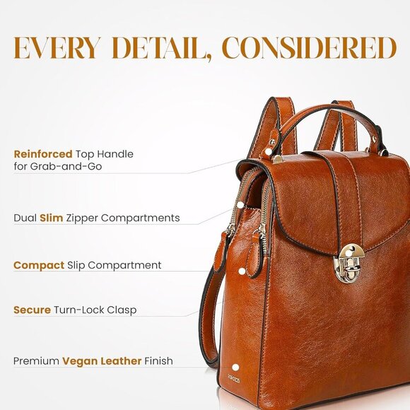 Stylish Compact Vegan Leather Backpack Handbag with Anti-Theft Pocket, Brown main image 5